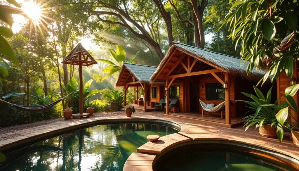 Eco-lodge accommodation in the jungle near Palenque National Park with traditional cabanas surrounded by lush vegetation