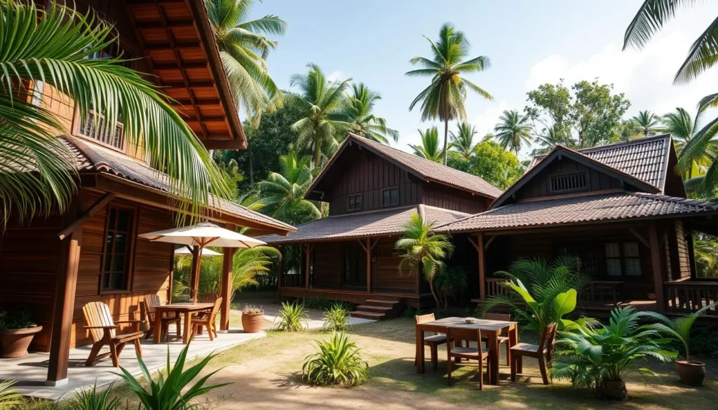 Eco-lodge accommodation near Alejandro de Humboldt National Park with traditional Cuban architecture surrounded by tropical vegetation