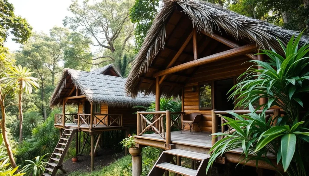 Eco-lodge in Madidi National Park with traditional architecture blending into the jungle