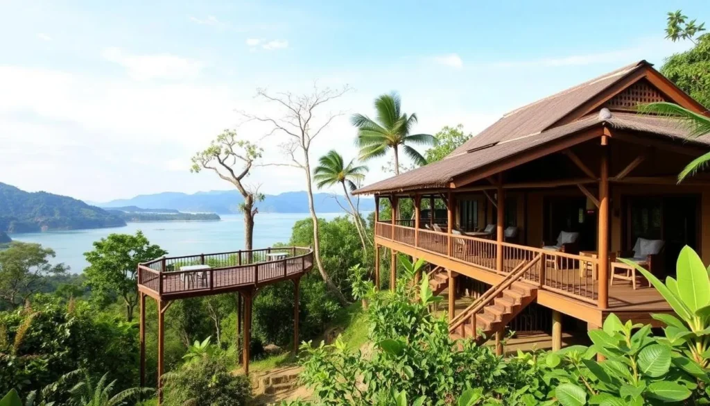 Eco-lodge overlooking Nam Theun 2 Reservoir with traditional Laotian architectural elements and natural materials