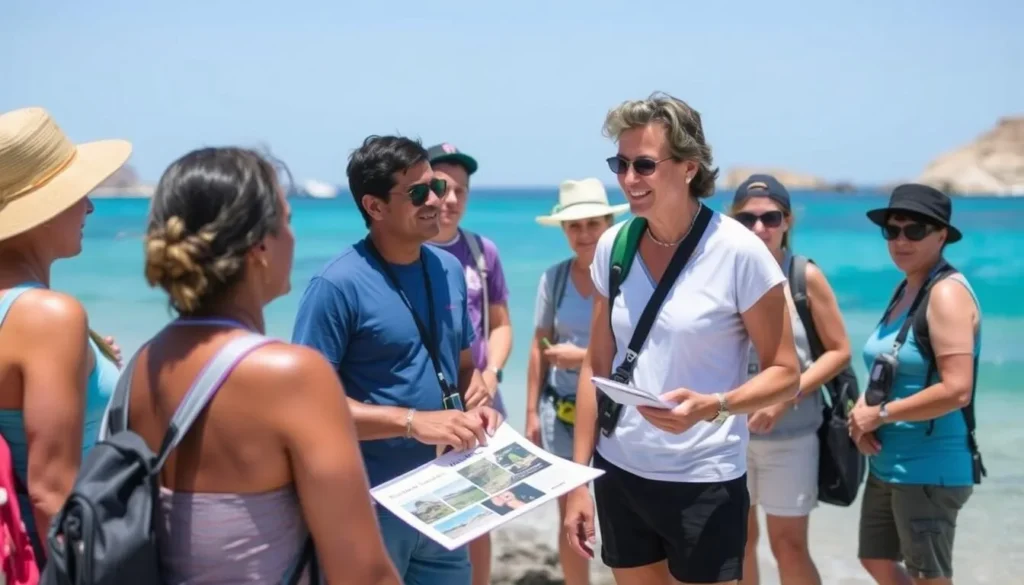 Eco-tourism guide explaining marine conservation efforts at Cabo Pulmo National Marine Park Eco-tourism guide explaining marine conservation efforts at Cabo Pulmo National Marine Park