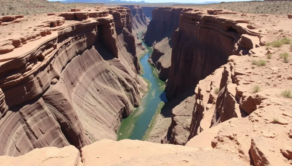 Edge of the canyon rim at Goosenecks State Park, Utah showing the steep drop