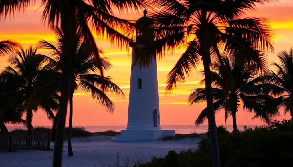 Egmont Key Lighthouse at golden hour with palm trees and beach in the foreground