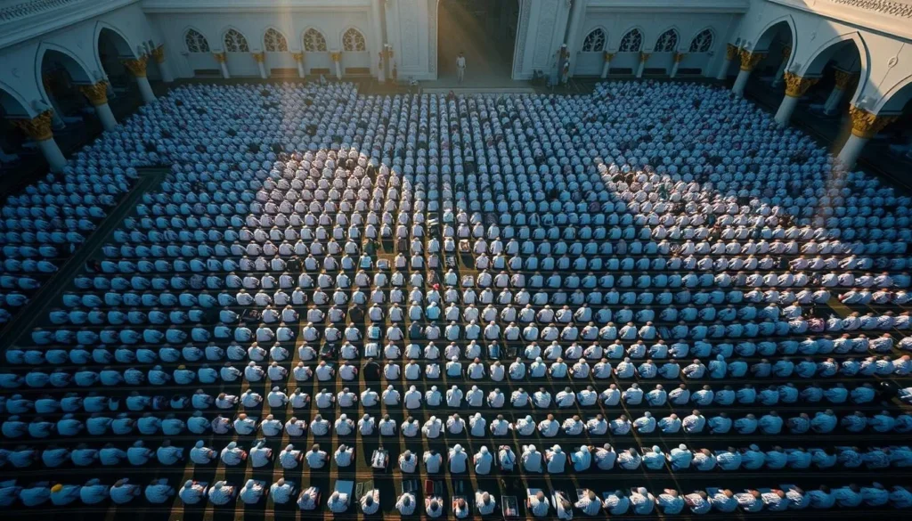 Eid al-Fitr prayers at Surabaya's Grand Mosque with thousands of worshippers in white garments