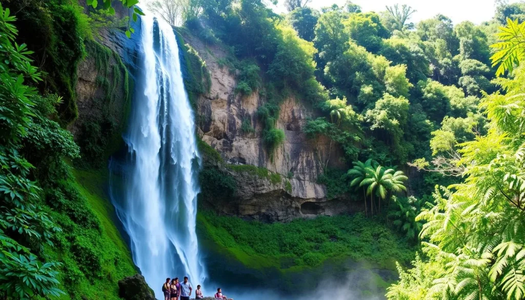 El Bejuco waterfall in Pico Bonito National Park with hikers for scale