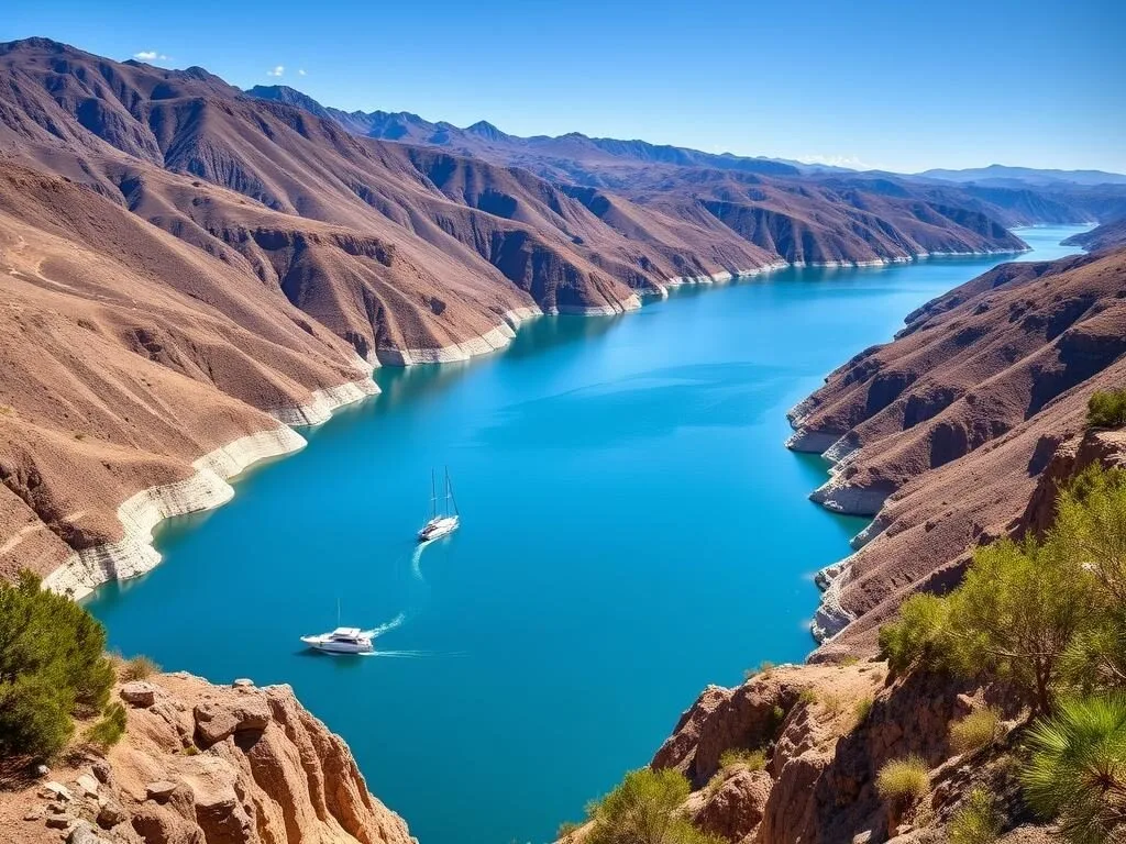 El Cadillal Dam reservoir with mountains in the background