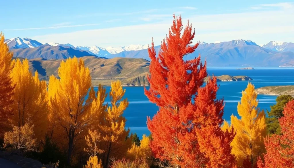El Calafate in autumn with golden foliage against mountains and Lake Argentino