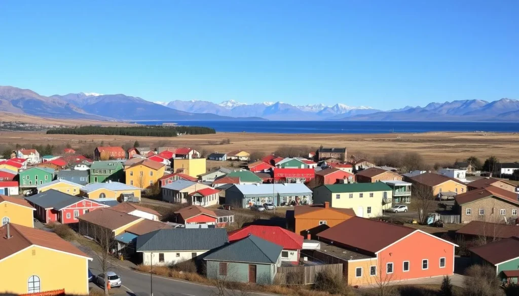 El Calafate town view with colorful buildings against Patagonian landscape and Lake Argentino