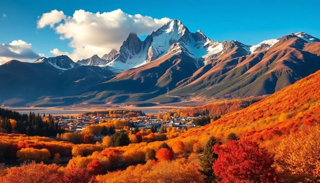 El Chalten in autumn with Mount Fitz Roy and colorful fall foliage