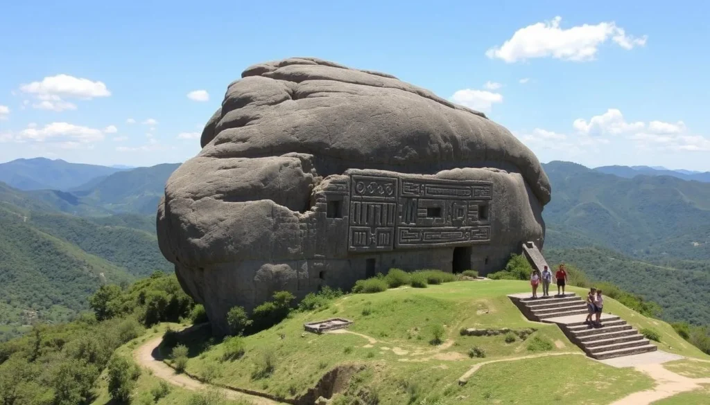 El Fuerte de Samaipata UNESCO site showing the large carved ceremonial rock with mountain views