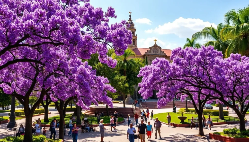 El Historico Coyoacan National Park during spring with jacaranda trees in bloom