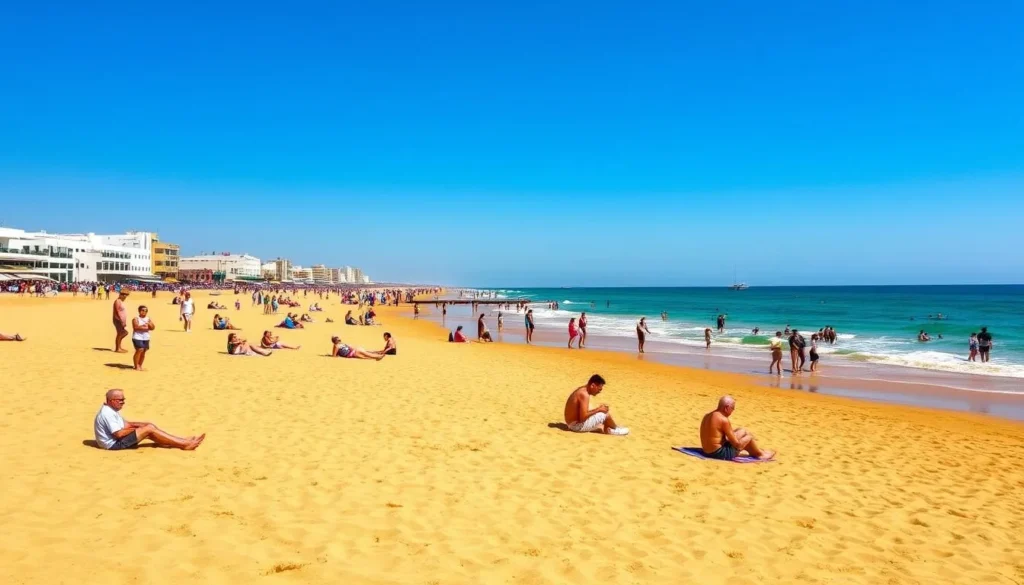 El Jadida beach during spring with perfect weather and moderate crowds of tourists enjoying the sunshine El Jadida beach during spring with perfect weather and moderate crowds of tourists enjoying the sunshine