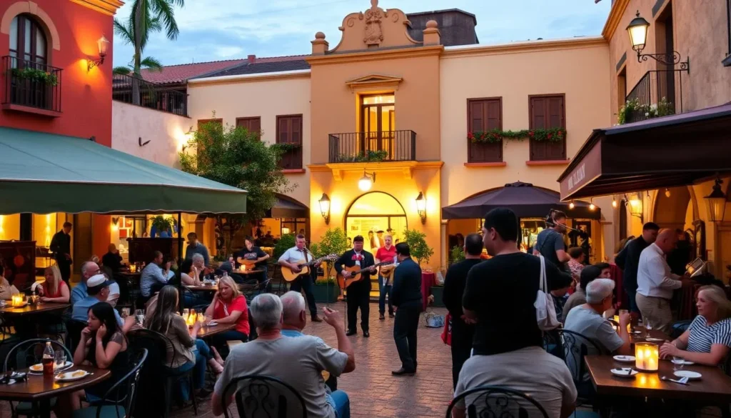 El Parián central plaza in Tlaquepaque with mariachi musicians performing for diners