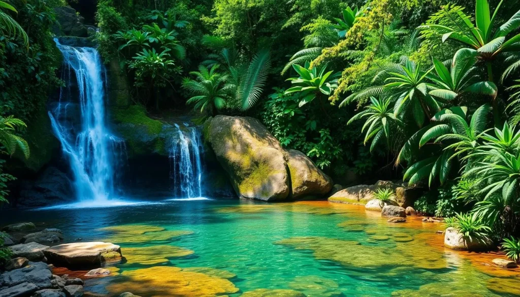 El Yunque National Forest waterfall and lush tropical vegetation El Yunque National Forest waterfall and lush tropical vegetation
