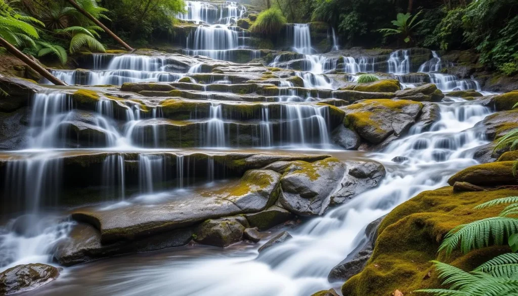 Elabana Falls cascading through lush rainforest in Lamington National Park