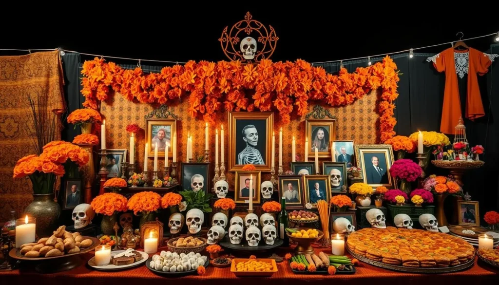 Elaborate Day of the Dead altar in Patzcuaro with marigold flowers, candles, and offerings