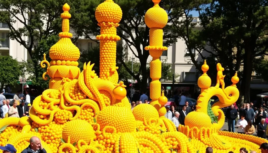 Elaborate citrus sculptures at Menton's famous Lemon Festival (Fête du Citron) with crowds admiring the displays