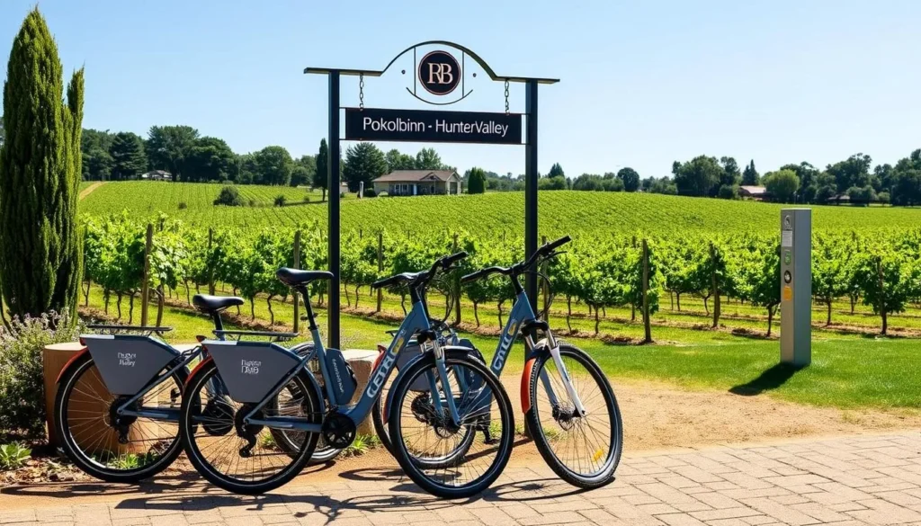 Electric bikes parked near a vineyard in Pokolbin Electric bikes parked near a vineyard in Pokolbin