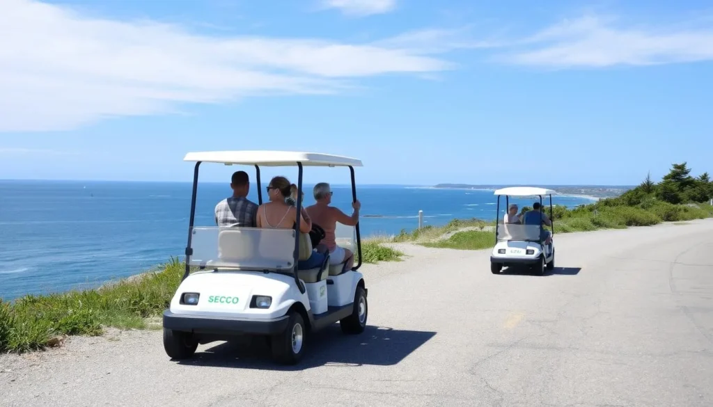Electric golf cart touring Peaks Island with ocean views in the background Electric golf cart touring Peaks Island with ocean views in the background