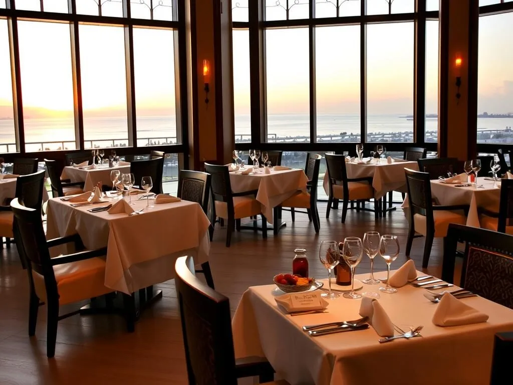Elegant dining setup at Al Nahham restaurant on Banana Island Qatar with sea views
