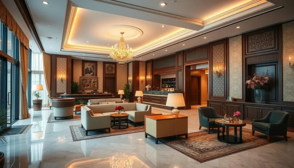 Elegant hotel lobby in Barnaul with traditional Russian design elements and modern amenities