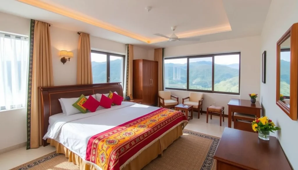 Elegant hotel room in Ambato with traditional Ecuadorian decor and mountain views Elegant hotel room in Ambato with traditional Ecuadorian decor and mountain views