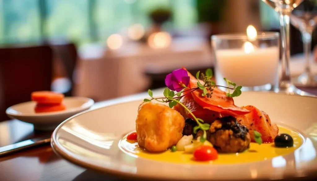 Elegant plated meal at Lautrec restaurant in Nemacolin Resort, Laurel Highlands