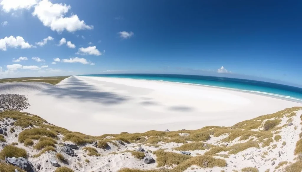 Elephant Beach on Pebble Island, showing the 6.4km white sand beach