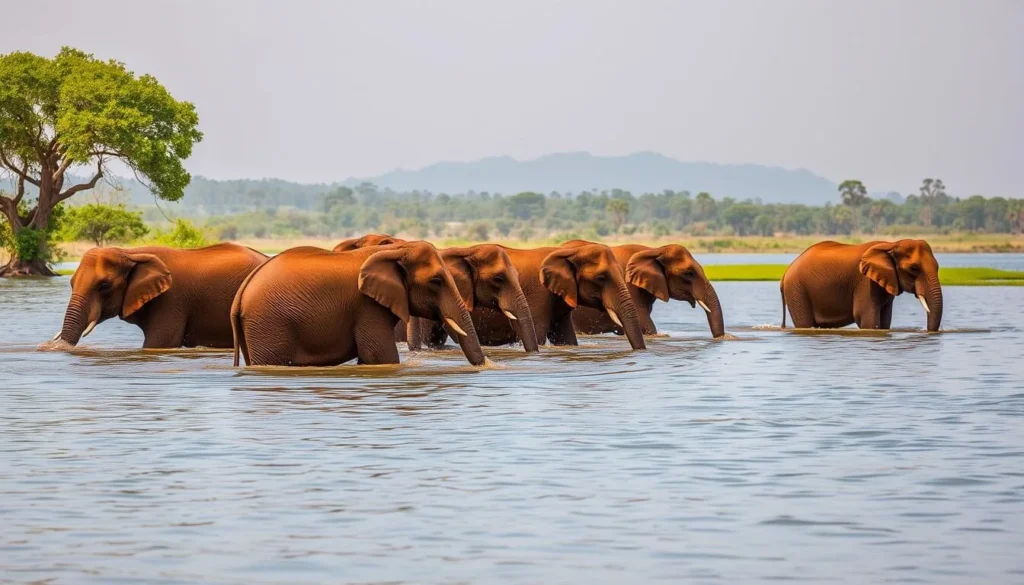 Elephants bathing in a lake at Wilpattu National Park near Anuradhapura