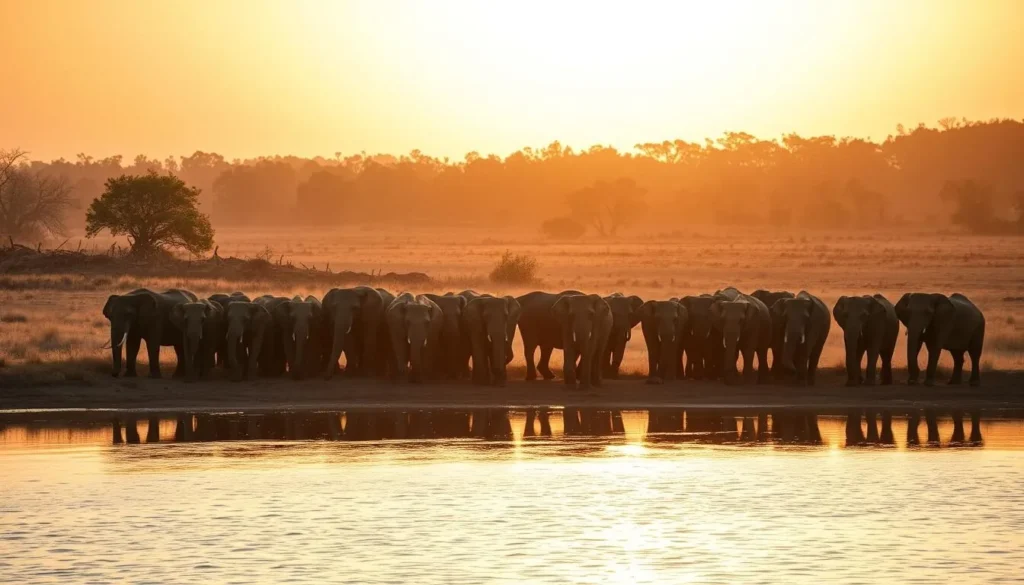 Elephants gathering at Kala Wewa during dry season with sunset backdrop