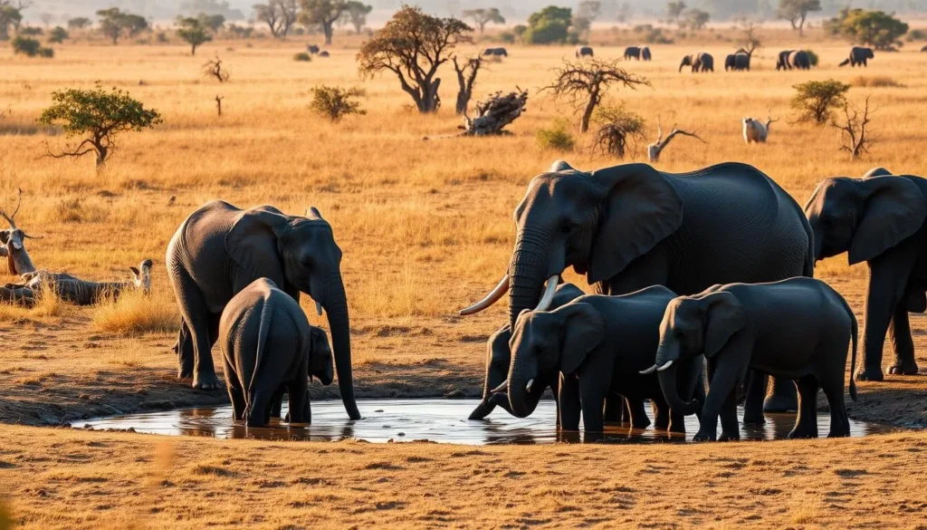 Elephants gathering near water in Maduru Oya National Park during dry season