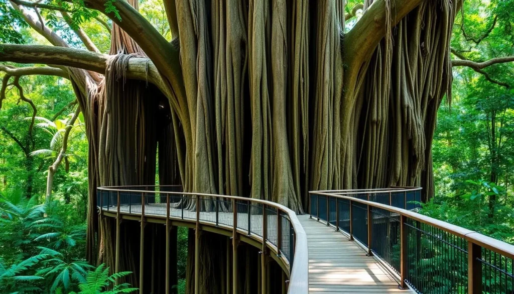 Elevated boardwalk circling the massive Curtain Fig Tree in Curtain Fig National Park, Queensland