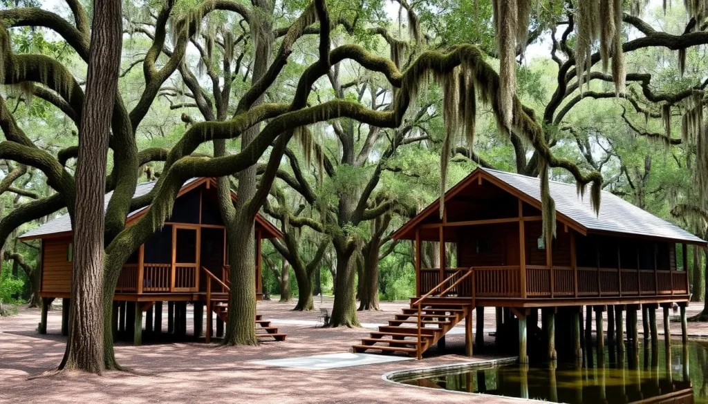 Elevated cabin accommodations at Lafayette Blue Springs State Park surrounded by trees