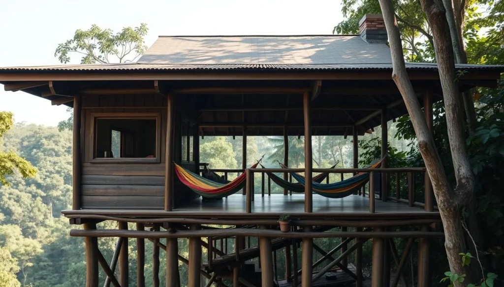 Elevated wooden eco-lodge in the Amazon rainforest near Leticia, Colombia, with hammocks on the porch overlooking the jungle Elevated wooden eco-lodge in the Amazon rainforest near Leticia, Colombia, with hammocks on the porch overlooking the jungle