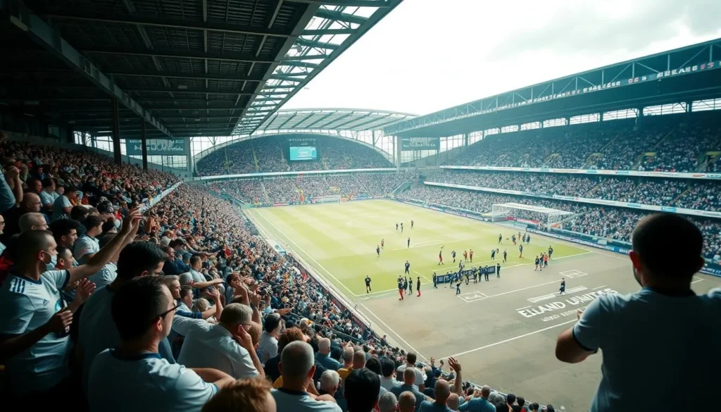 Elland Road stadium in Leeds with fans watching a Leeds United football match