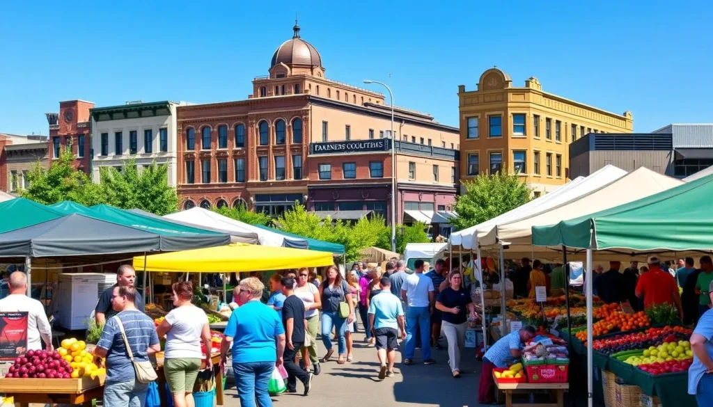 Ellensburg Farmers Market with colorful produce stands and shoppers