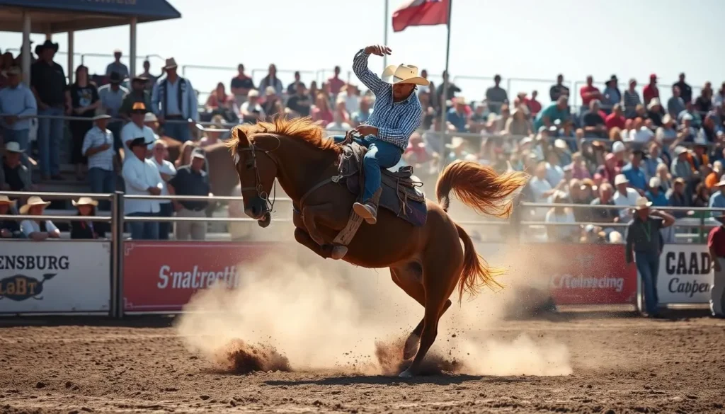 Ellensburg Rodeo action with cowboy riding a bucking bronco