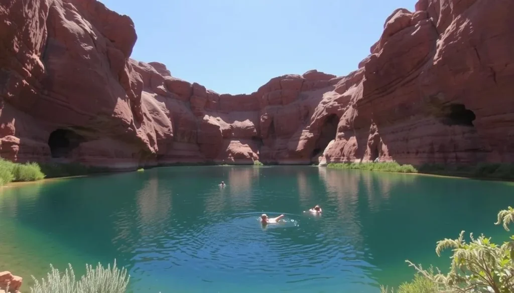 Ellery Creek Big Hole waterhole with swimmers enjoying the cool water surrounded by red rock formations, a refreshing West MacDonnell National Park thing to do