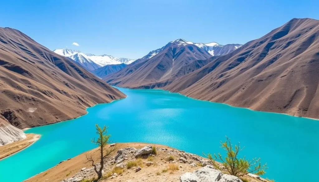 Embalse El Yeso reservoir in Cajón del Maipo near Santiago Chile with turquoise waters and mountain backdrop