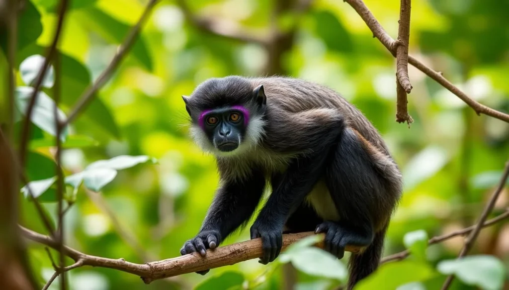 Endemic wildlife in the Knuckles Mountain Range including a purple-faced leaf monkey