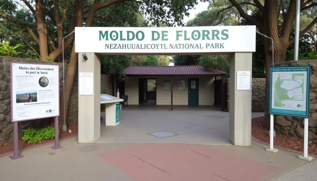 Entrance area of Molino de Flores Nezahualcoyotl National Park showing facilities and information signs