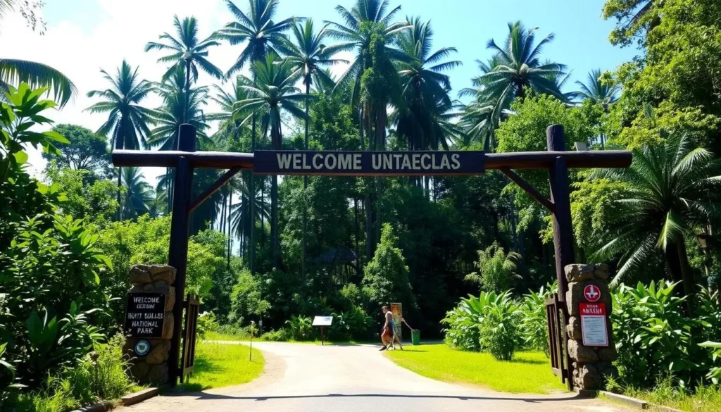 Entrance gate to Bukit Duabelas National Park with lush forest backdrop