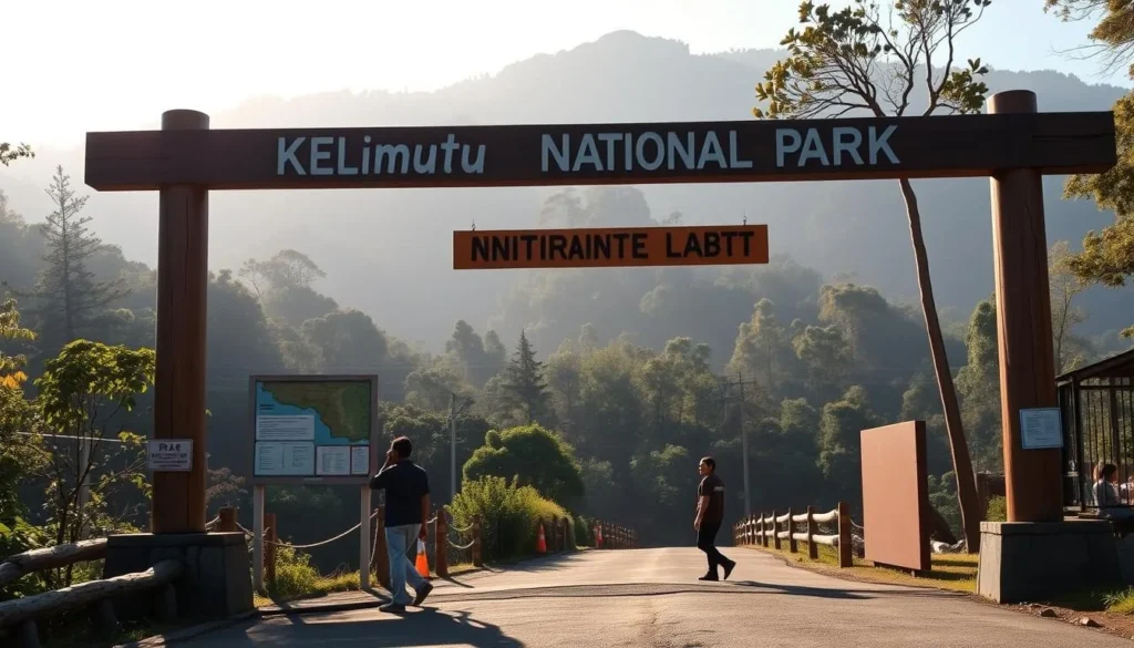 Entrance gate to Kelimutu National Park with information board Entrance gate to Kelimutu National Park with information board