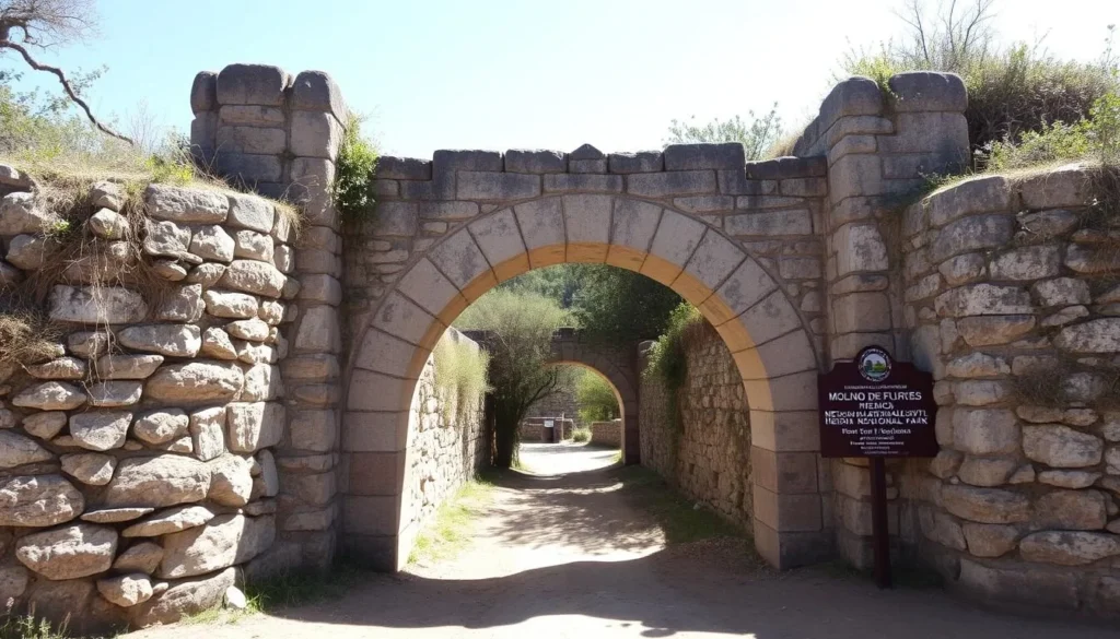 Entrance gate to Molino de Flores Nezahualcoyotl National Park with stone archway and path leading inside