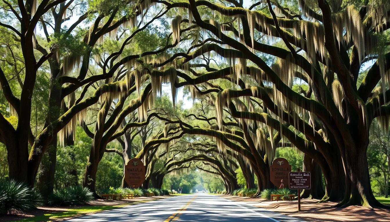 Entrance road to Edward Ball Wakulla Springs State Park with lush green trees lining both sides