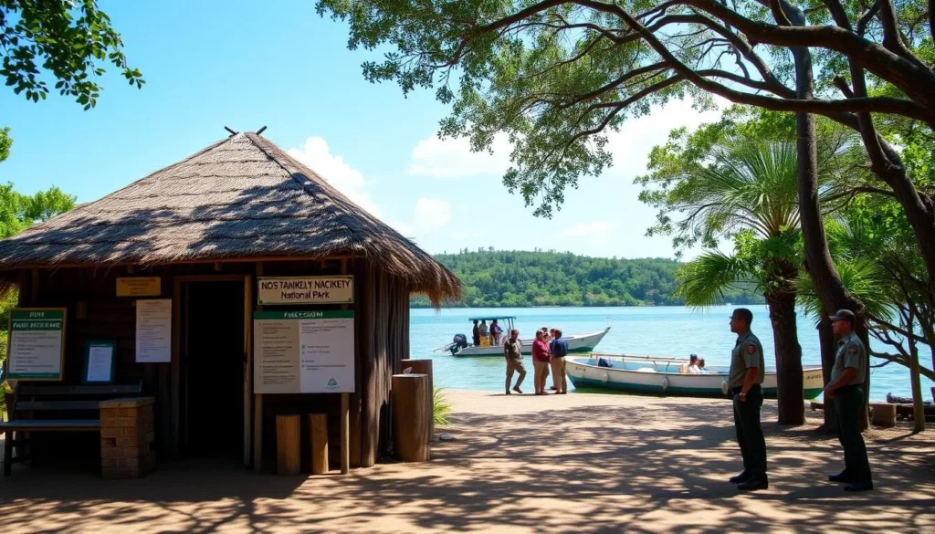 Entrance sign and reception area at Nosy Tanikely National Park Madagascar Entrance sign and reception area at Nosy Tanikely National Park Madagascar