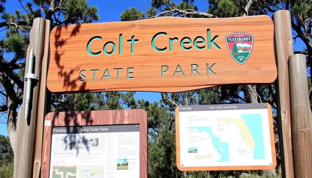 Entrance sign to Colt Creek State Park with information board
