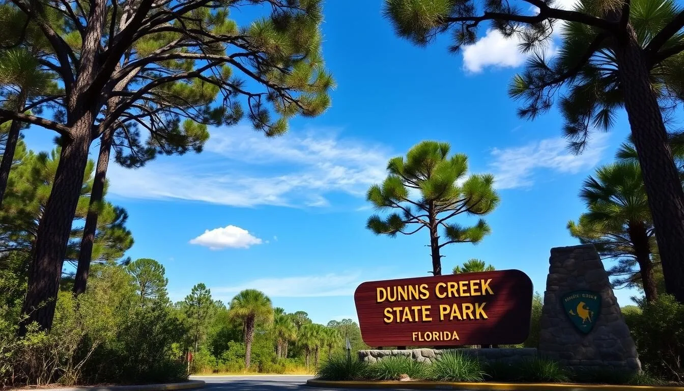 Entrance-sign-to-Dunns-Creek-State-Park-with-pine-trees-in-the-background Entrance sign to Dunns Creek State Park with pine trees in the background