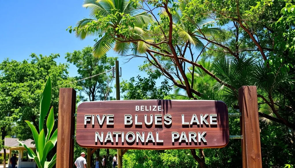Entrance sign to Five Blues Lake National Park with lush greenery in the background