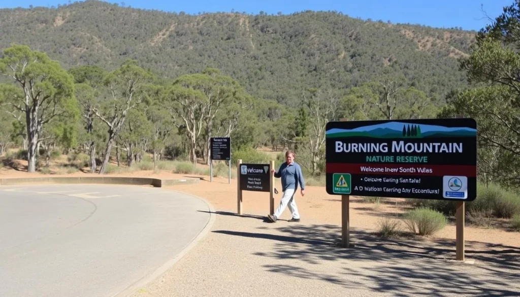 Entrance to Burning Mountain Nature Reserve with parking area and information signs